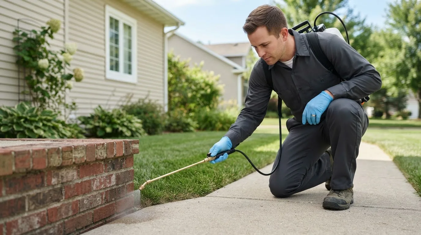 Pest control technician treating a home near Aroma Park, IL