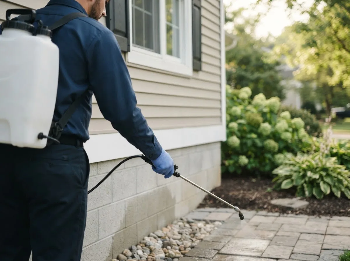 Pest control technician inspecting a home in Aroma Park, IL